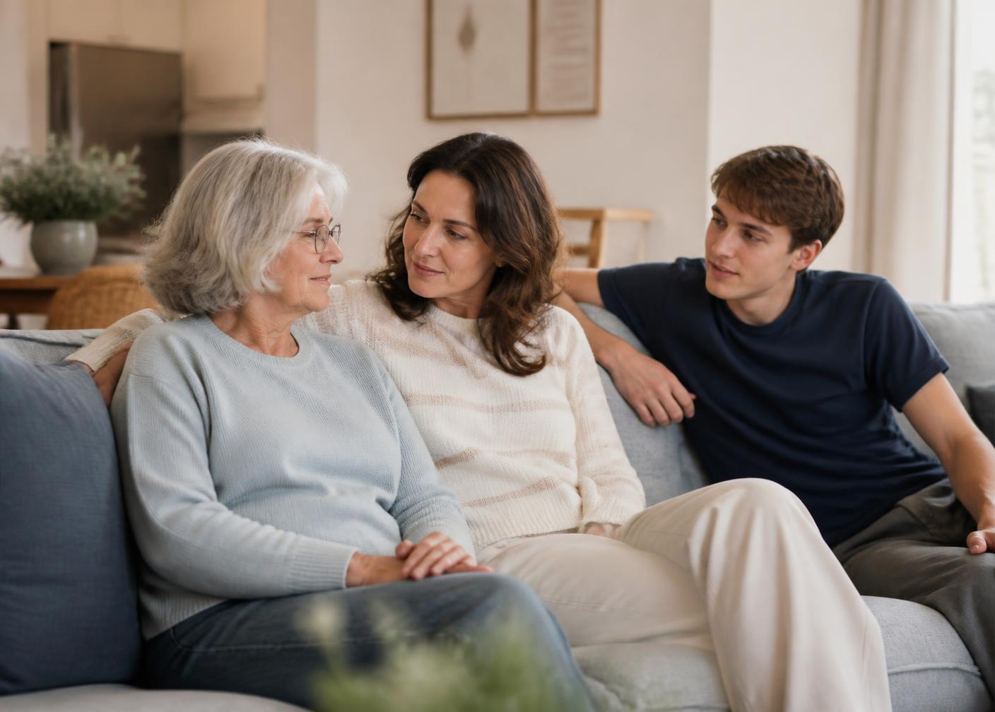 Older woman having a warm conversation with her daughter and grandson